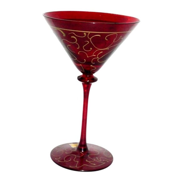 Royal Danube Red Martini Glass w Gold Swirl Handblown & Painted Crystal Romania - Picture 1 of 3